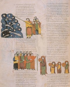 The Crossing of the Red Sea and the Dance of the Hebrew women to the sound of the tambourines of Moses and his accompanists, from the Visigothic-Mozarabic Bible of St. Isidores, A.D. 960