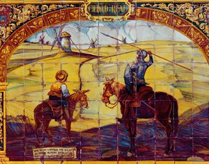 Tiles Depicting Don Quixote and Sancho Panza Preparing to Attack the Windmills