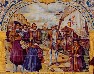 Tiles Depicting King Charles I of Spain Preparing to Embark in 1520 from the Port of La Coruna to Accept His Election as Holy Roman Emperor