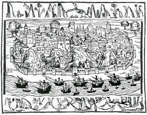 View of Lisbon from Libro de Grandezas y cosas Memoralder de Espana by Pedro Medina, 1548