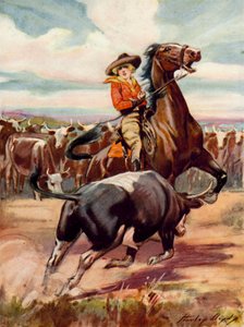 Scene from At the Mercy of Brigands: a cowgirl on horseback being charged by a large steer