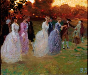 The return from the palace. Elegant young people returning from a worldly event. Painting by Stefano Baghino (1881-1920) Genes, Galleria d