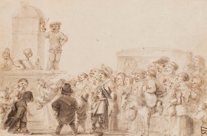 A Group of Dwarfs watching a Puppet show, with a carriage in the background by Stefano della Bella