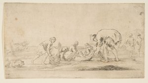 A Fisherman Bringing in His Nets, a Man at Left Pushing a Bale to the Right, Two Seated by Stefano della Bella