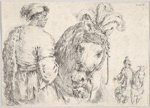A man at left in profile giving a handful of hay to a horse at center, a horseman to the right, ca. 1662