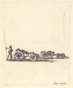A mortar and a cannon, both mounted on carriages, a soldier shown from the back, ca. 1638-43 by Stefano della Bella