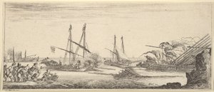 A Naval Battle, a Rowboat Full of Men to Left, a Sinking Ship to Right, Two Galleys Battling, ca. 1641