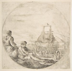 A seated white sailor and a standing black sailor, people building a ship in the background, ca. 1660 by Stefano della Bella