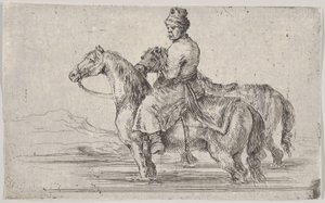 A Valet Taking Two Horses to Bathe, Sitting Atop One Horse in a River, the Other Beside by Stefano della Bella