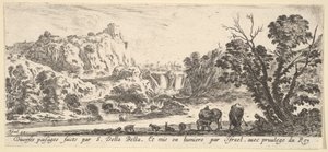 A waterfall descending from the mountains in the center background, various animals by Stefano della Bella