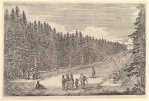 An alley of fountains, a group of people in center, a man and dog seated to right, two by Stefano della Bella