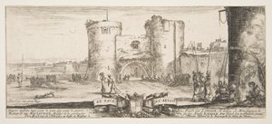 An Entrance to a Fortress in Center, a Woman with Child Seated by a Fire to Right by Stefano della Bella