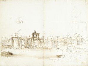 View of the Port of Livorno with a Building Bearing the Medici Coat of Arms [recto]; Port View and Two Ornament Studies [verso] by Stefano della Bella