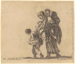 Poor Woman with a Child on Her Back, a Toddler in a Sling, and an Older Child Walking Left by Stefano della Bella