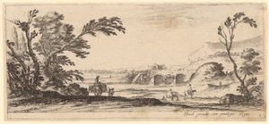 Peasant Woman on a Pack Animal, Peasants and Two Riders Crossing a River by Stefano della Bella