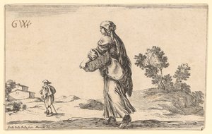 Peasant Woman with Basket in Side Back View to the Left, a Traveler in Front of Her to the Left by Stefano della Bella