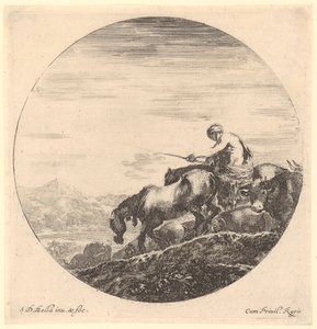 Farmer Drives His Animals to the Left Towards the River, Plate 2 of the Series "Six Animal Motifs in Round Representation" by Stefano della Bella