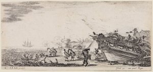 Loading of Various Ships: People in Strong Wind at the Pier, Right Bow of a Ship by Stefano della Bella