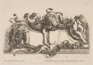 Cartouche Containing an Empty Shield Surmounted by a Lion and Framed by a Lion and a Child, 1646 by Stefano della Bella
