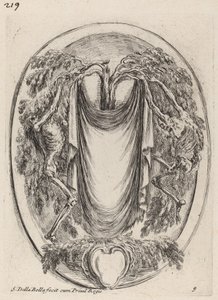 Cartouche in the Form of a Drape Suspended from a Cypress Flanked by Skeletons by Stefano della Bella
