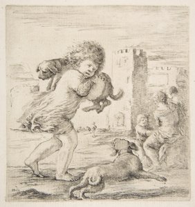 Child Carrying a Puppy on His Shoulder