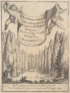 Frontispiece for The Cypress Forest La selva di cipressi: two putti hold a tapestry, 1640 by Stefano della Bella