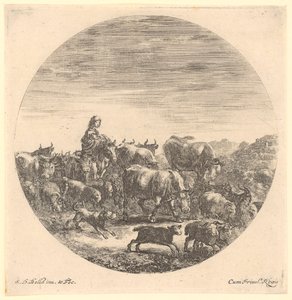 Shepherdess on Horseback with Cattle and Sheep Herd, Plate 5 of the Series "Six Animal Motifs in Round Representation" by Stefano della Bella