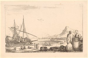 On the Left a Galley, on the Right Three Galley Slaves by a Barrel, Plate 7 of the Series "Various Figures" by Stefano della Bella