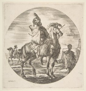 Moorish horseman in profile facing right, a black slave holding a fur at right, another by Stefano della Bella