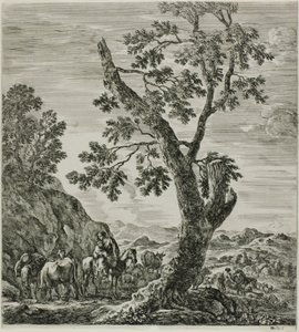 Mounted Peasant with a Child in Her Arms, Plate Six from The Six Large Views of Rome and the Campagna by Stefano della Bella