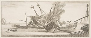 Naval combat, a ship at center, seen from behind, firing at four enemy ships by Stefano della Bella