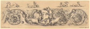 Ornamental Frieze with Naked Child in the Center, Flanked by Two Dogs Facing Him, Above Four Mythological Sea Creatures by Stefano della Bella