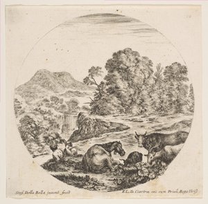 Plate 10: A Horse Lying Down at Center, a Cow and Two Goats at Right, Two Seated Shepherds by Stefano della Bella