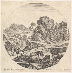 Plate 10: a horse lying down in center, a cow and two goats to right, two seated shepherds by Stefano della Bella