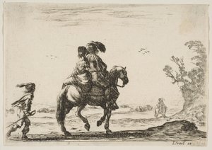 A Horseman and a Woman, Seen from Behind, Riding Towards the Right with a Young... (detail) by Stefano della Bella