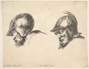 Plate 10: Two Heads of Old Soldiers Wearing Helmets, Both Facing Left and Looking Down by Stefano della Bella