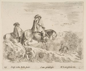 Plate 10: Two Horsemen Descending a Mountain at Left, Another Horseman to Right in ... by Stefano della Bella