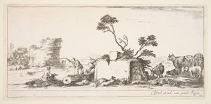 Plate 12: a seated draughtsman to left, a standing shepherd next to him to right, ruins in the background by Stefano della Bella