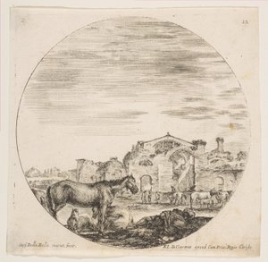 Plate 12: A Shepherd Sleeping on the Ground at Right, Three Horses at Left by Stefano della Bella