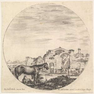 A Shepherd Sleeping on the Ground to Right, Three Horses to Left by Stefano della Bella