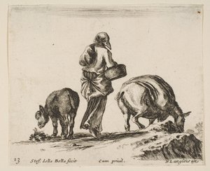 A Peasant Woman Holding a Basket, with a Donkey by Stefano della Bella