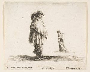 Plate 17: a man wearing a plumed hat in center facing right, a woman walking toward