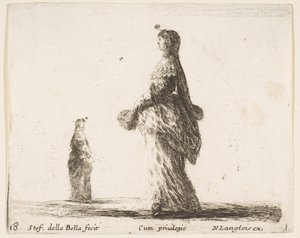 Plate 18: a noblewoman walking towards the left with a feathered fan, another woman by Stefano della Bella