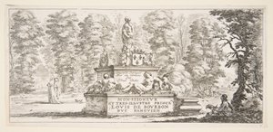 Plate 1: a monument with statues and a coat of arms in the center, a draughtsman on the left by Stefano della Bella
