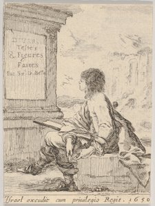 Plate 1: a young man sitting on a stone, facing left in profile, holding a drawing pad by Stefano della Bella
