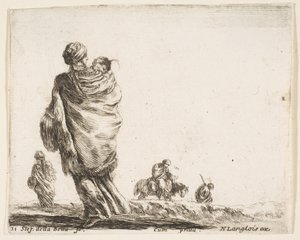 Plate 21: a poor woman to left, seen from behind, enveloping her child in a shawl, ca. 1644-47