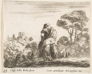 Herdsman atop a horse, seen from behind, leads his cattle down a hill by Stefano della Bella