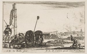 Plate 2: A cannon to the left, a town in the background, from Various Military Capric by Stefano della Bella