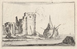 A Ship and a Rowboat Washed Up on Shore, a Tower in Ruins (detail) by Stefano della Bella