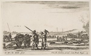 Plate 3: An officer giving orders to a soldier in centre foreground, cannon at left by Stefano della Bella